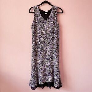 Susan Bristol Y2K Purple Floral Silk Tiered Ruffle Midi Dress Womens 12